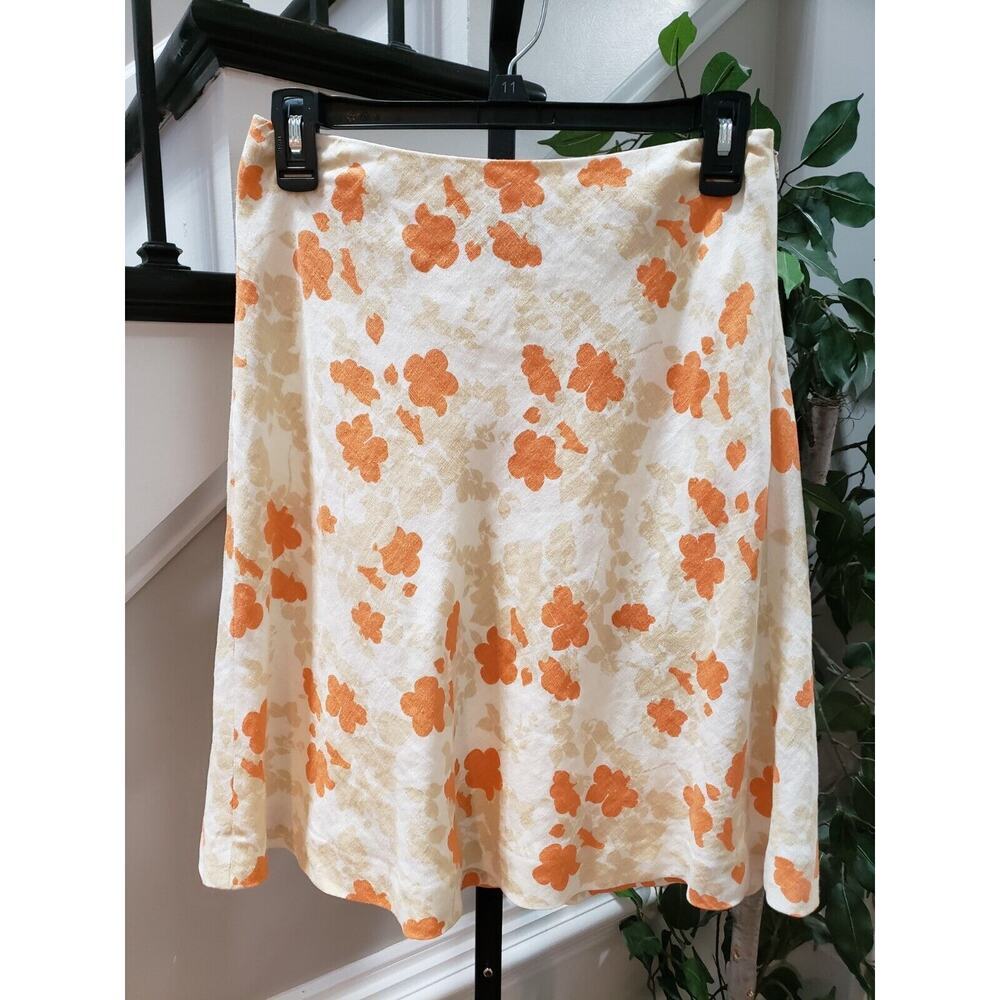 Ann Taylor Women's Beige Floral 100% Linen Casual A-Line Knee Length Skirt 0P